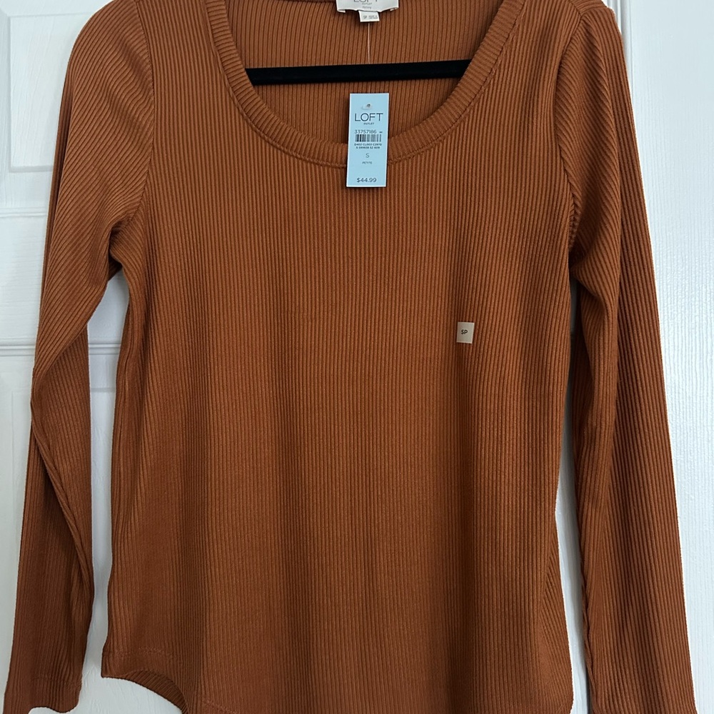 LOFT Women's Long Sleeve Ribbed Tan Top
